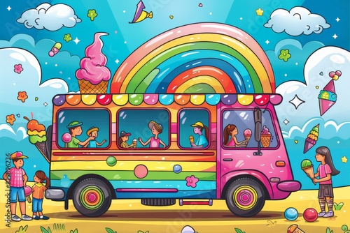 Colorful illustration of ice cream truck with rainbow design and happy people enjoying treats. Playful  joyful happiness  diversity  and unity  celebrating LGBTQ  pride in a fun  whimsical manner.