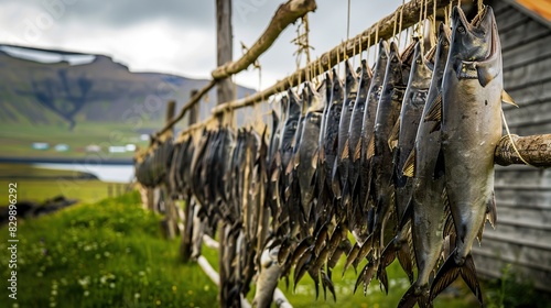 Nice Fermented shark Hakarl hanging to dry in Iceland. Generative Ai photo