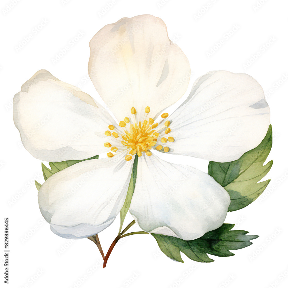 Fototapeta premium White anemone flower illustration with green leaves transparent background