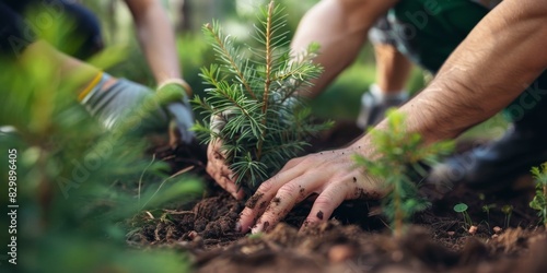 Two hands planting a tree in the soil. photo