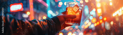 A hand holding a glass of whiskey with ice cubes against a colorful bokeh background in a vibrant nightlife scene. photo