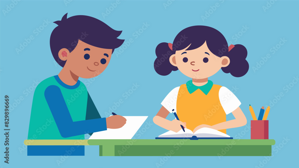 One student sitting at their desk odically sharpening pencils while another opens up their notebook to a clean page.. Vector illustration One student sitting at their desk odically sharpening pencils while another opens up their notebook to a clean page.. Vector illustration