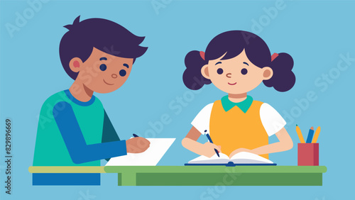 One student sitting at their desk odically sharpening pencils while another opens up their notebook to a clean page.. Vector illustration