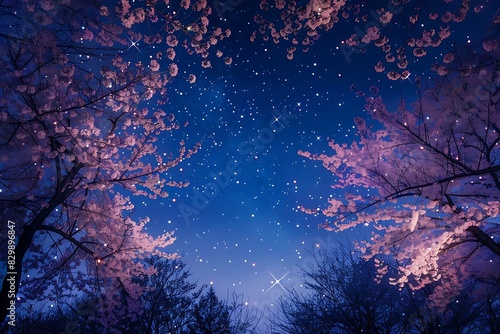 Starry night over a serene cherry blossom forest