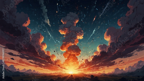Epic anime style nuclear explosion background, cartoon blast with smoke clouds, fire and particles. photo