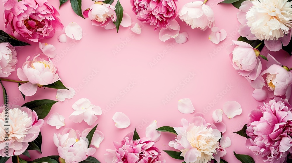 Frame made of beautiful peony flowers on pink background. Flat lay. Generative Ai
