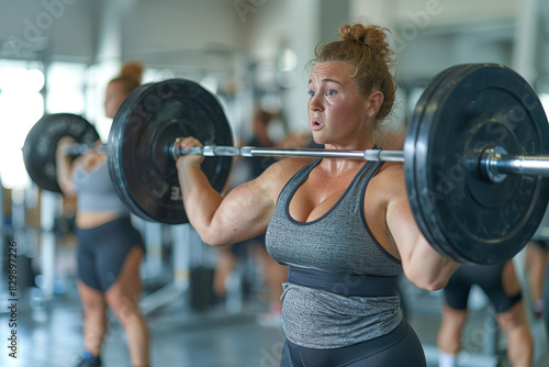 The girl is weightlifting in the gym with a barbell. Girl doing squats with a barbell on her chest.