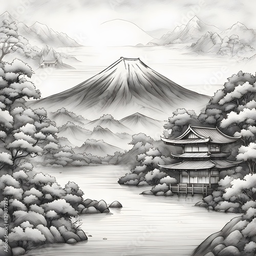 Hand-Drawn Japanese Landscape Background - Pencil Sketch Style photo