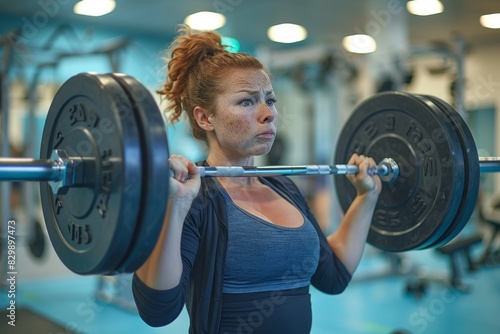 The girl is weightlifting in the gym with a barbell. Girl doing squats with a barbell on her chest.