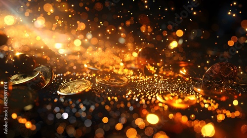 A dark background with gold and black coins falling from the sky, creating an atmosphere of luxury. photo