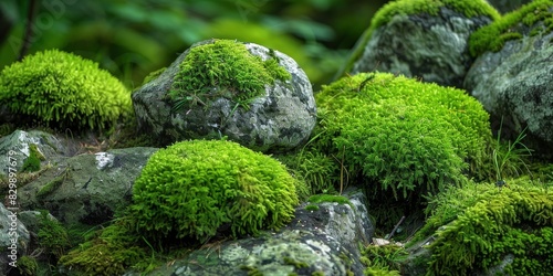 Close up of vibrant green moss growing on rocks in a lush forest.