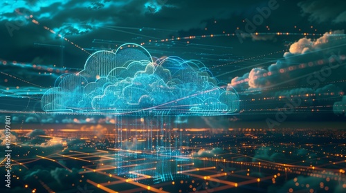 Conceptual visualization of global cloud computing networks  with data centers linked across a digital Earth.