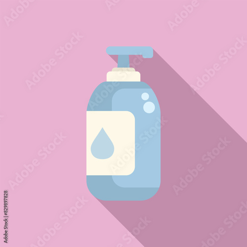 Flat design icon of a blue liquid soap dispenser with pump on a pink background