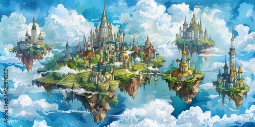 Fantasy floating island with castles and greenery