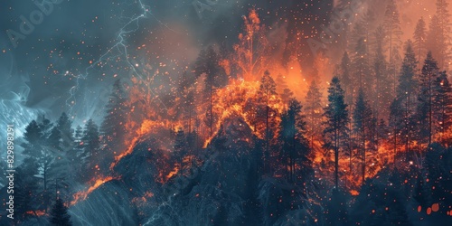 Firefighters battle a wildfire as it burns through a forest. photo