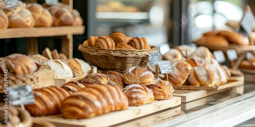Freshly baked bread and pastries on wooden shelves in a bakery.