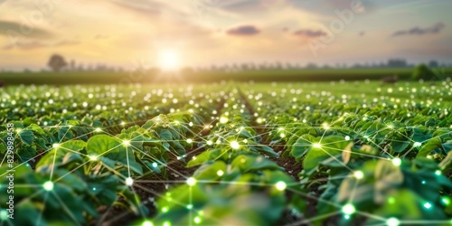 Green field of soybean plants with net of glowing dots above them. Concept of digital agriculture and smart farming.