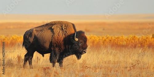 Image of a lonely bison walking through a grassy field.