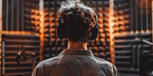 Man in headphones in soundproof room photo