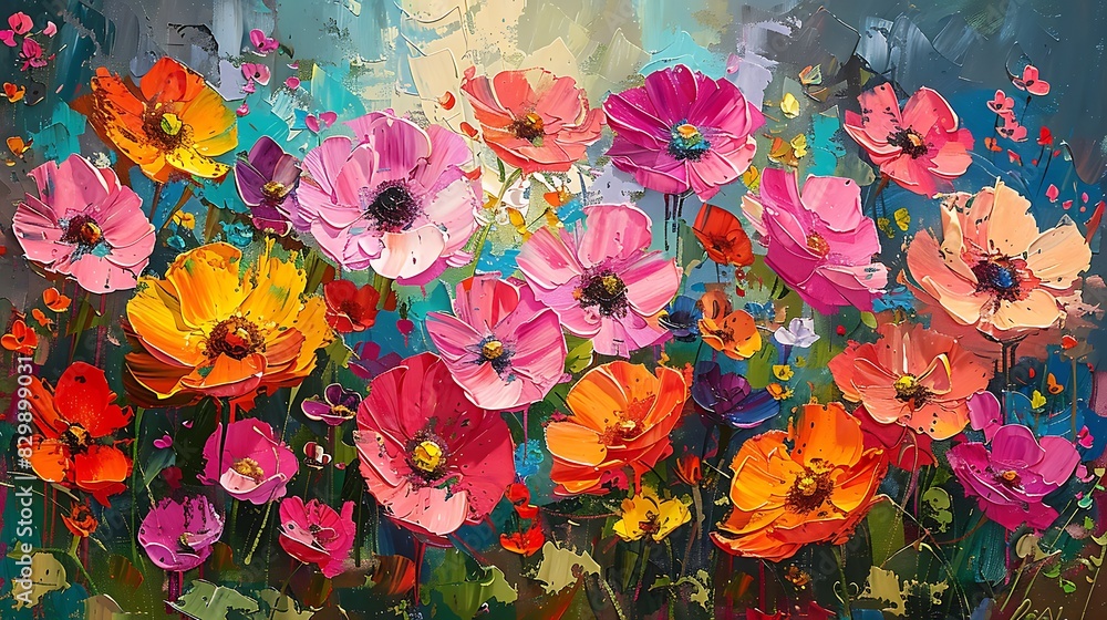 Abstract expressionist scene of blooming wildflowers, bold and sweeping brushstrokes, vibrant and rich colors, emotional depth, chaotic floral arrangement, bright pinks, reds, and yellows