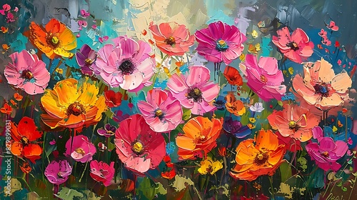 Abstract expressionist scene of blooming wildflowers, bold and sweeping brushstrokes, vibrant and rich colors, emotional depth, chaotic floral arrangement, bright pinks, reds, and yellows