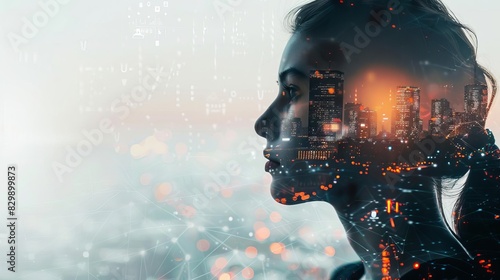 double exposure of pensive woman with cityscape and data overlay conceptual photo manipulation photo