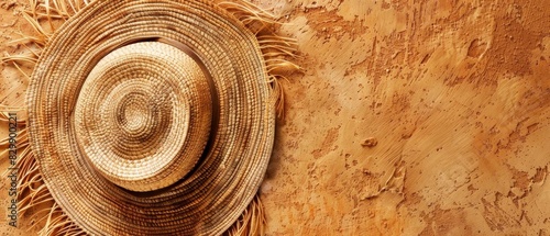 Rustic straw hat with fringe detail on textured brown background, evoking a sense of summer and countryside style photo