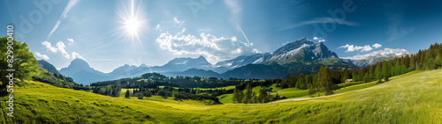 Bergpanorma, berge in den Alpen im Sommer im Sonnenschein, Frische Wiesen, Alm, Urlaub, Ferienlandschaft, berg, himmel, natur, Alm, Alpen, panorama, wiese, sommer, feld, land	
