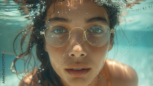 Fashionable Woman at Pool Party: Underwater Style with Smartphone and No Sunglasses photo