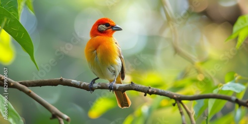 A beautiful bird with red, orange, and yellow feathers is perched on a branch. © kiimoshi