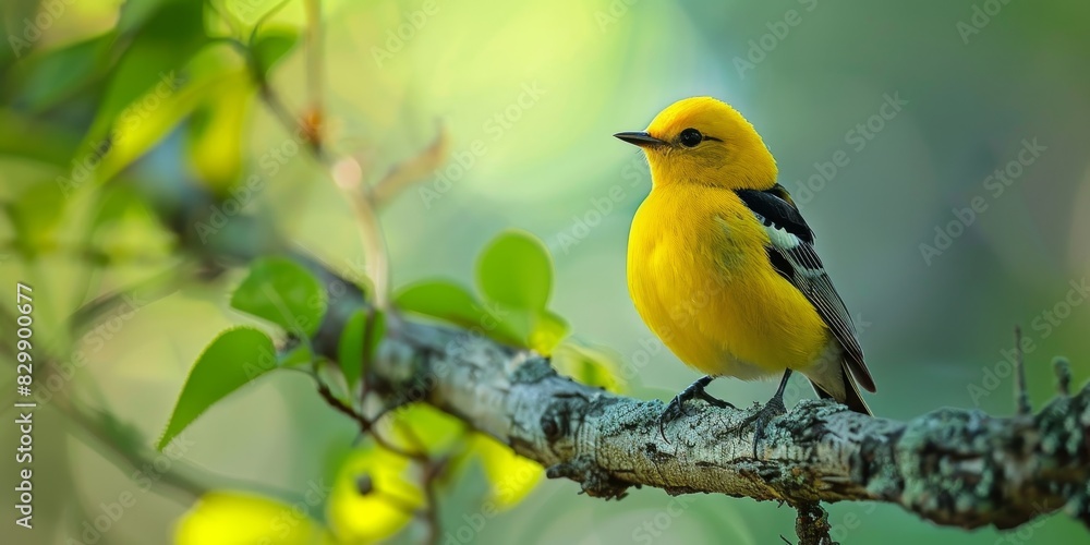 A beautiful yellow bird is perched on a branch. The bird is surrounded by green leaves.