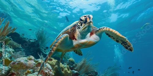 A beautiful sea turtle swims gracefully through a coral reef. The turtle is surrounded by vibrant fish.