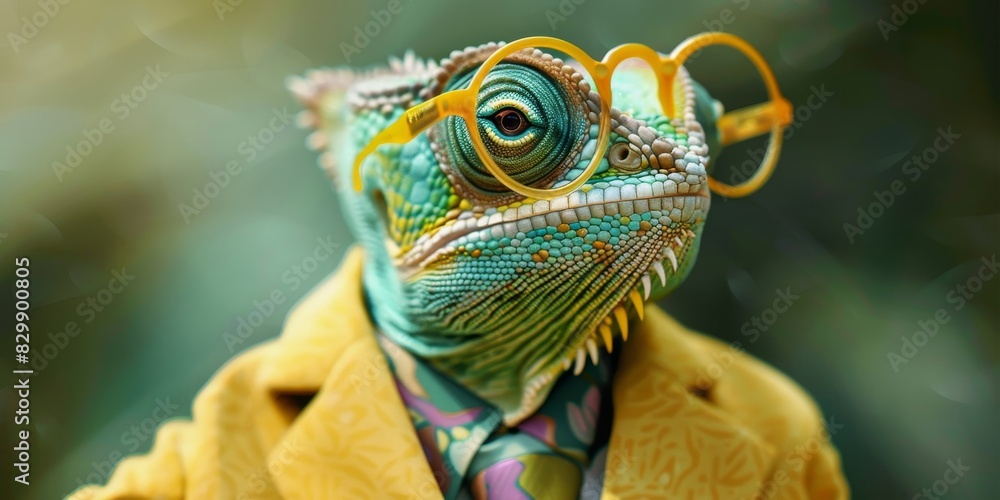 A bright green chameleon wearing eyeglasses and a yellow suit coat.
