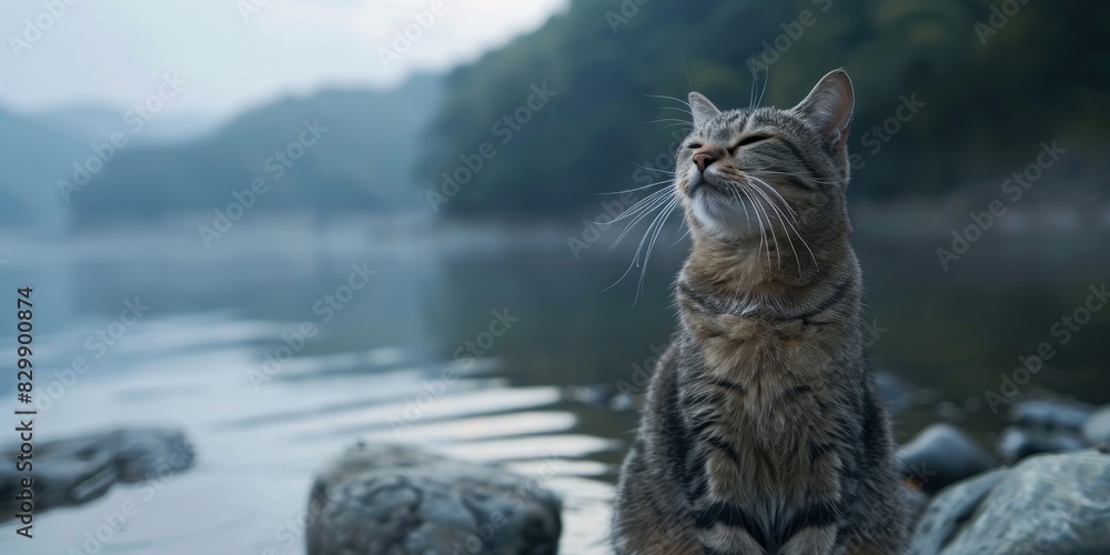 Obraz premium A cat is sitting on the rocks near the river and looking into the distance.