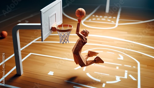 A folded paper basketball player dunking a ball in a high-resolution image set on a basketball court. photo