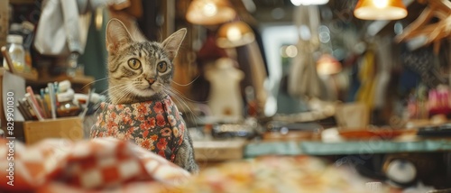 A cute cat is sitting on a table in a vintage shop