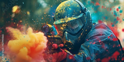 A man is playing a paintball game. He is wearing protective gear and shooting a paintball gun. The background is a forest.