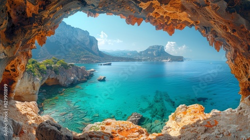 A beautiful landscape showcasing a sea view from the inside of a cave with rock formations and clear waters