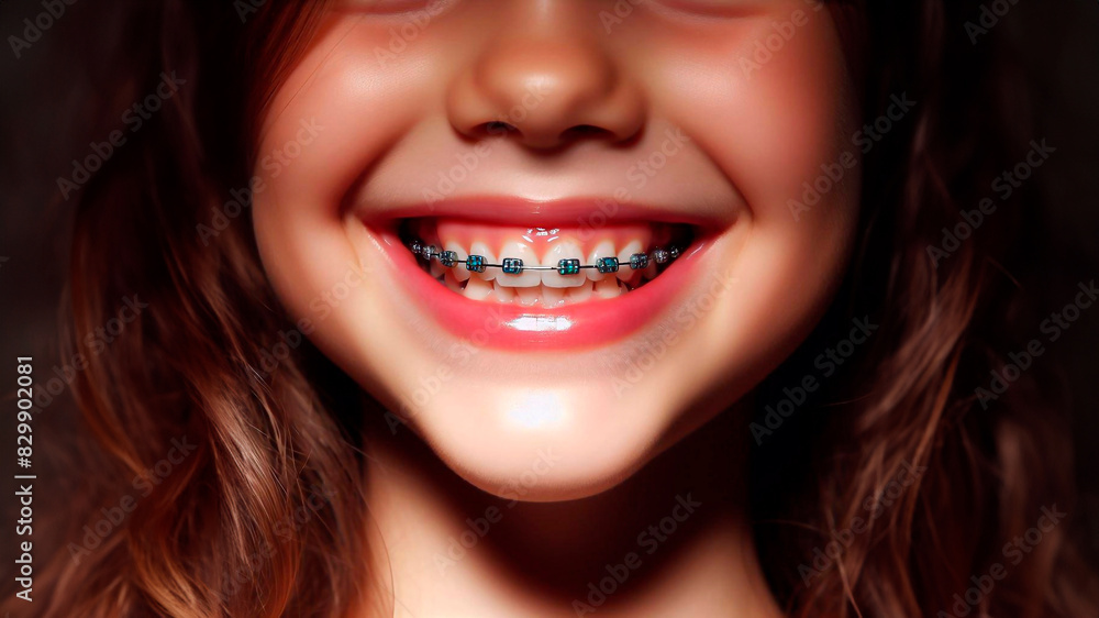Shining smile of a child with metal braces, healthy white teeth Shining smile of a child with metal braces, healthy white teeth