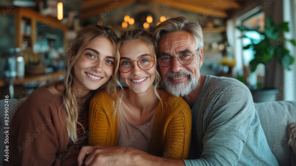 A heartwarming portrait of a grandfather with his arm around two smiling young women, all wearing glasses