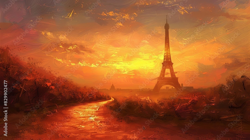 eiffel tower silhouetted against sunset sky with winding path in foreground digital painting