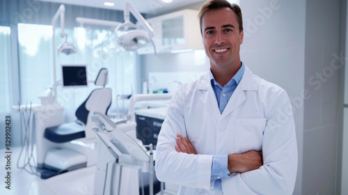 Portrait of smiling male dentist looking at camera in dental clinic