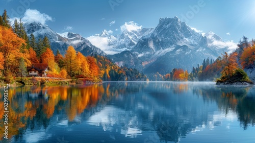 A serene autumn scene with a lake reflecting snowy mountains  surrounded by vibrant fall foliage