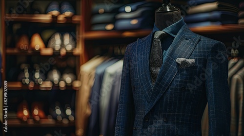 Dark navy blue suit and tie displayed on a mannequin in a tailoring store. Generative AI