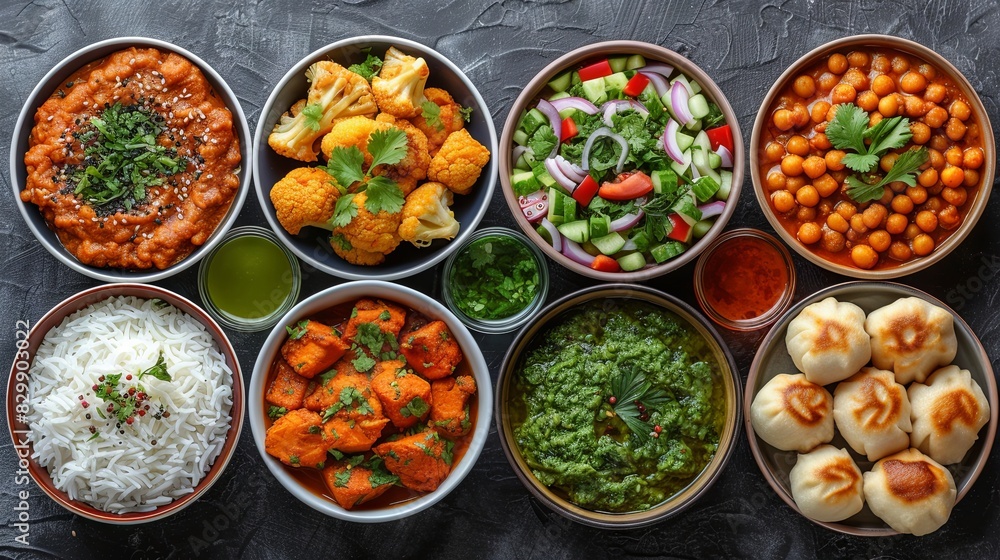 A vibrant, appetizing selection of Indian cuisine, including various curries, rice, and breads A vibrant, appetizing selection of Indian cuisine, including various curries, rice, and breads