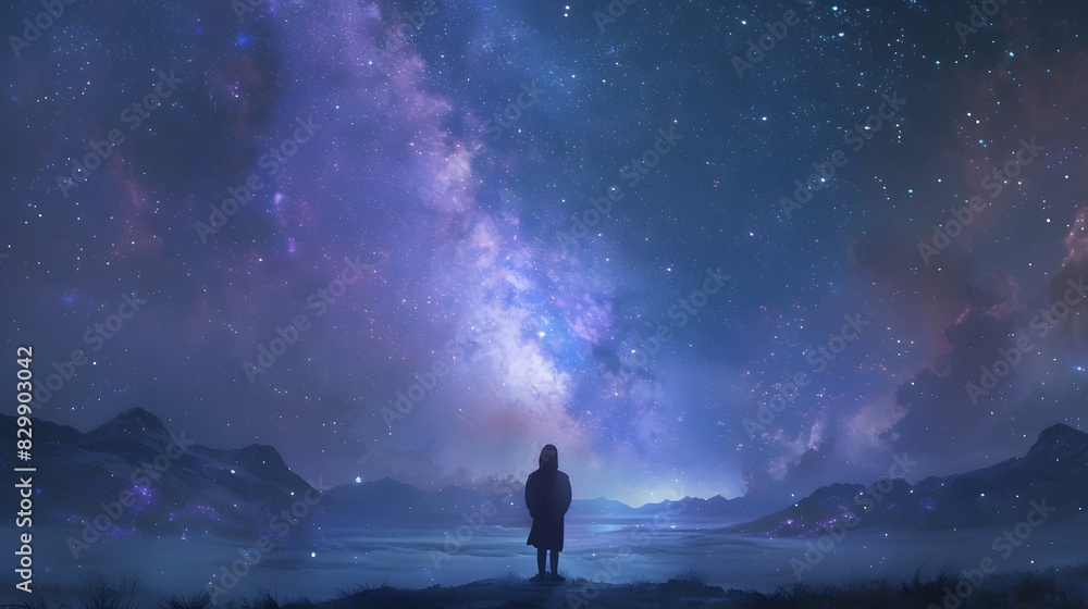 Person, standing, stars, gazing, Milky Way, awe, wonder, vast, open space, infinity, soft, glow, starlight, face, surreal, cosmic, landscape, dreamy, atmosphere, night, sky, vastness, looking, admirat Person, standing, stars, gazing, Milky Way, awe, wonder, vast, open space, infinity, soft, glow, starlight, face, surreal, cosmic, landscape, dreamy, atmosphere, night, sky, vastness, looking, admirat