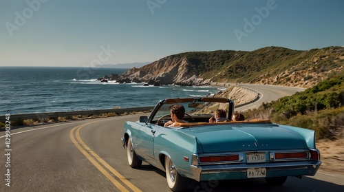 A vintage convertible cruising along a coastal highway, the wind tousling the driver's hair under the clear blue sky ai_generated photo