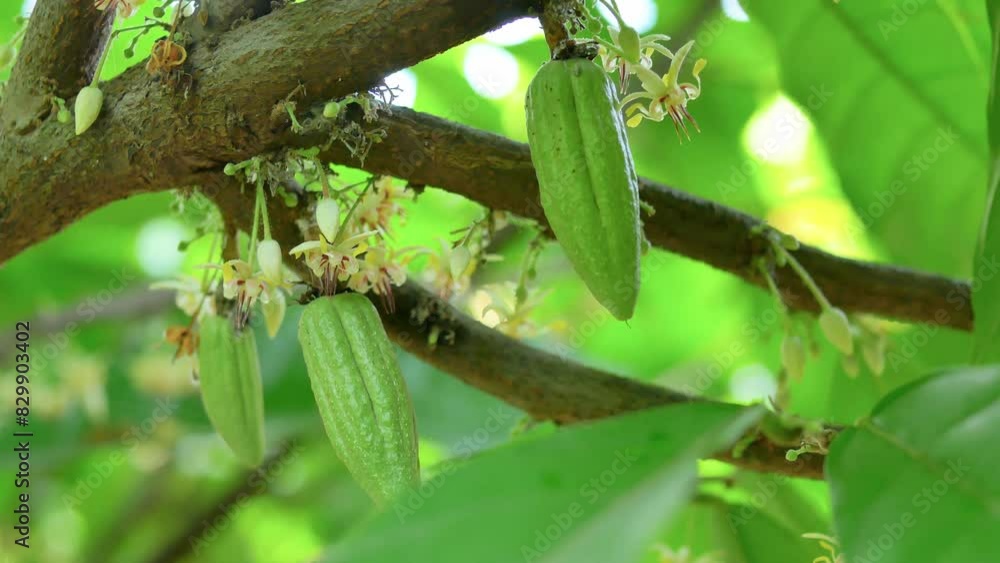Green small cocoa pods branch with young fruit and blooming cocoa flowers grow on trees. The cocoa tree ( Theobroma cacao ) with fruits, Raw cacao tree plant fruit plantation,4k video Green small cocoa pods branch with young fruit and blooming cocoa flowers grow on trees. The cocoa tree ( Theobroma cacao ) with fruits, Raw cacao tree plant fruit plantation,4k video