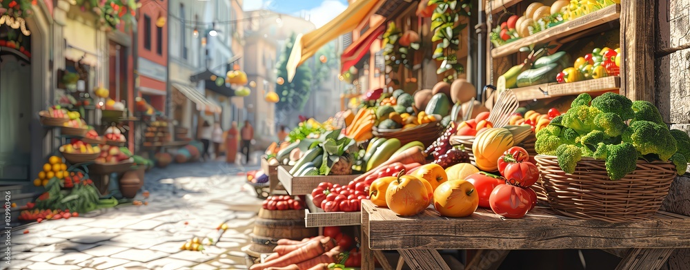 3D rendering of colorful vegetables and fruits on wooden stands in front of the village store. The sun is shining, creating an atmosphere of joy around, and it feels like you can smell fresh food from