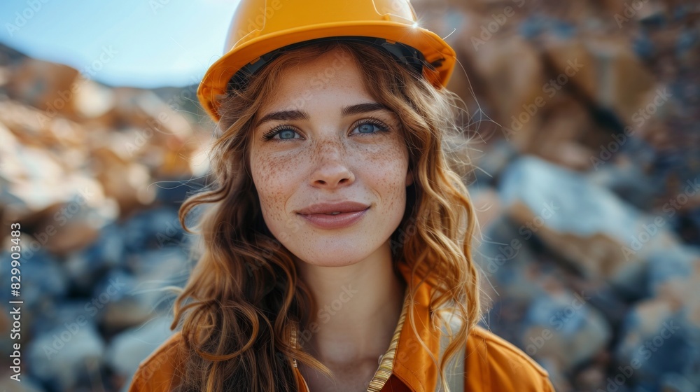 Confident female engineer with a safety helmet in a rock quarry looking optimistic Confident female engineer with a safety helmet in a rock quarry looking optimistic